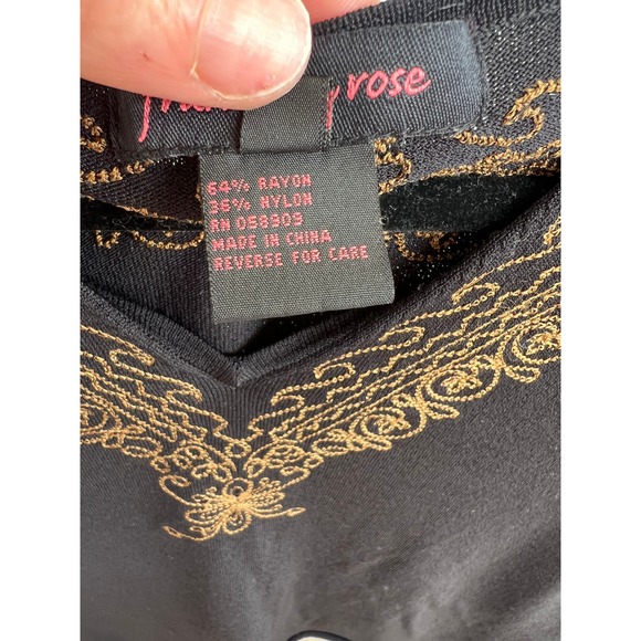 Francesca Rose V-Neck 3/4 Sleeve Blouse, Black w/ Gold Flower Embroidery, L / XL - Picture 5 of 10